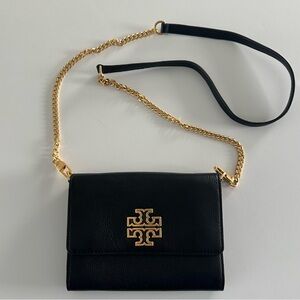 Tory Burch Black Britten Leather Crossbody with Gold Logo & Chain